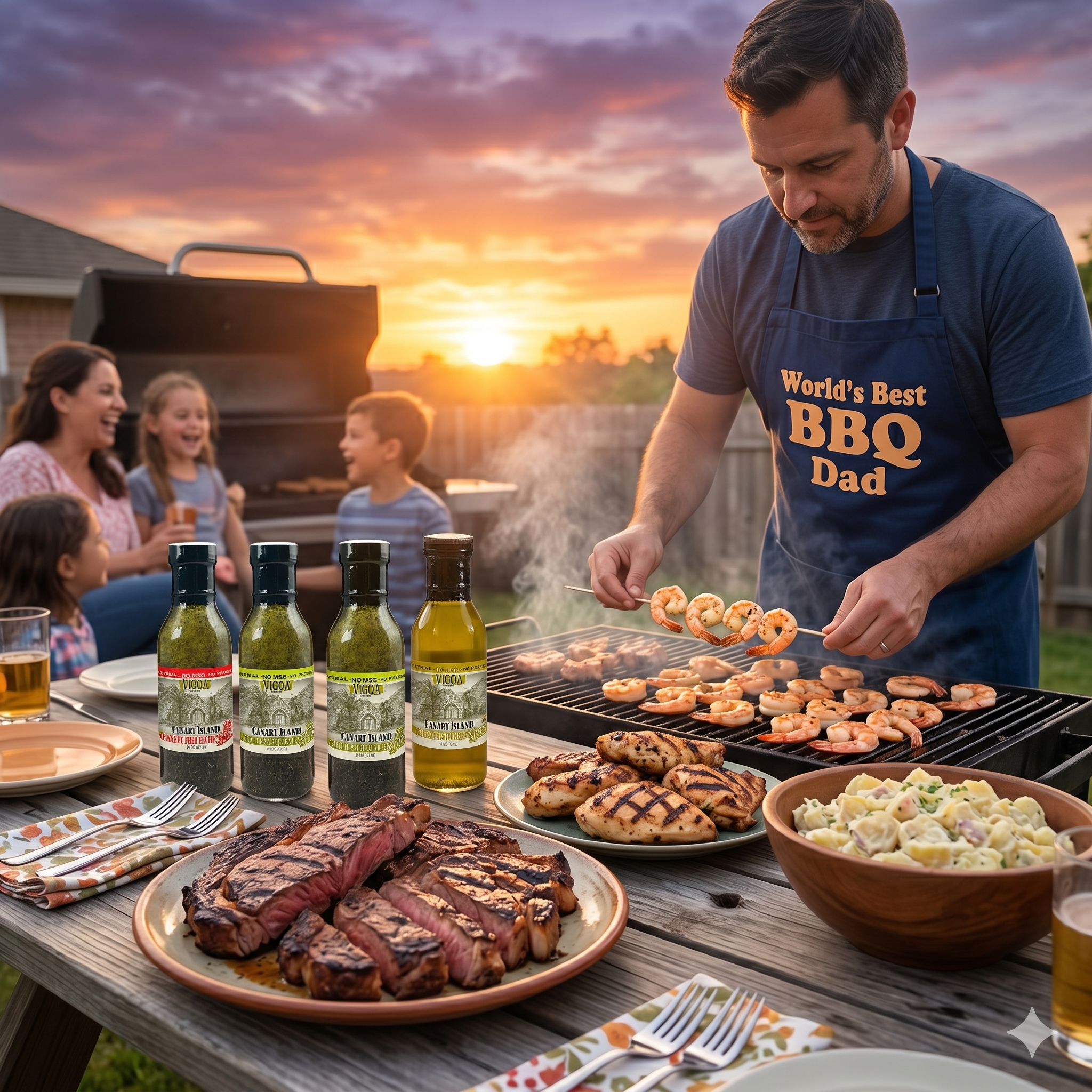 Dad grilling shrimp with his family sitting at the picnic table behind him.