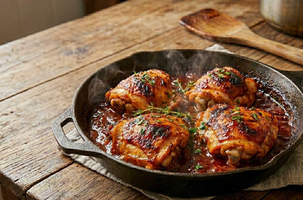 four chicken thighs in bbq sauce in a pan on a table