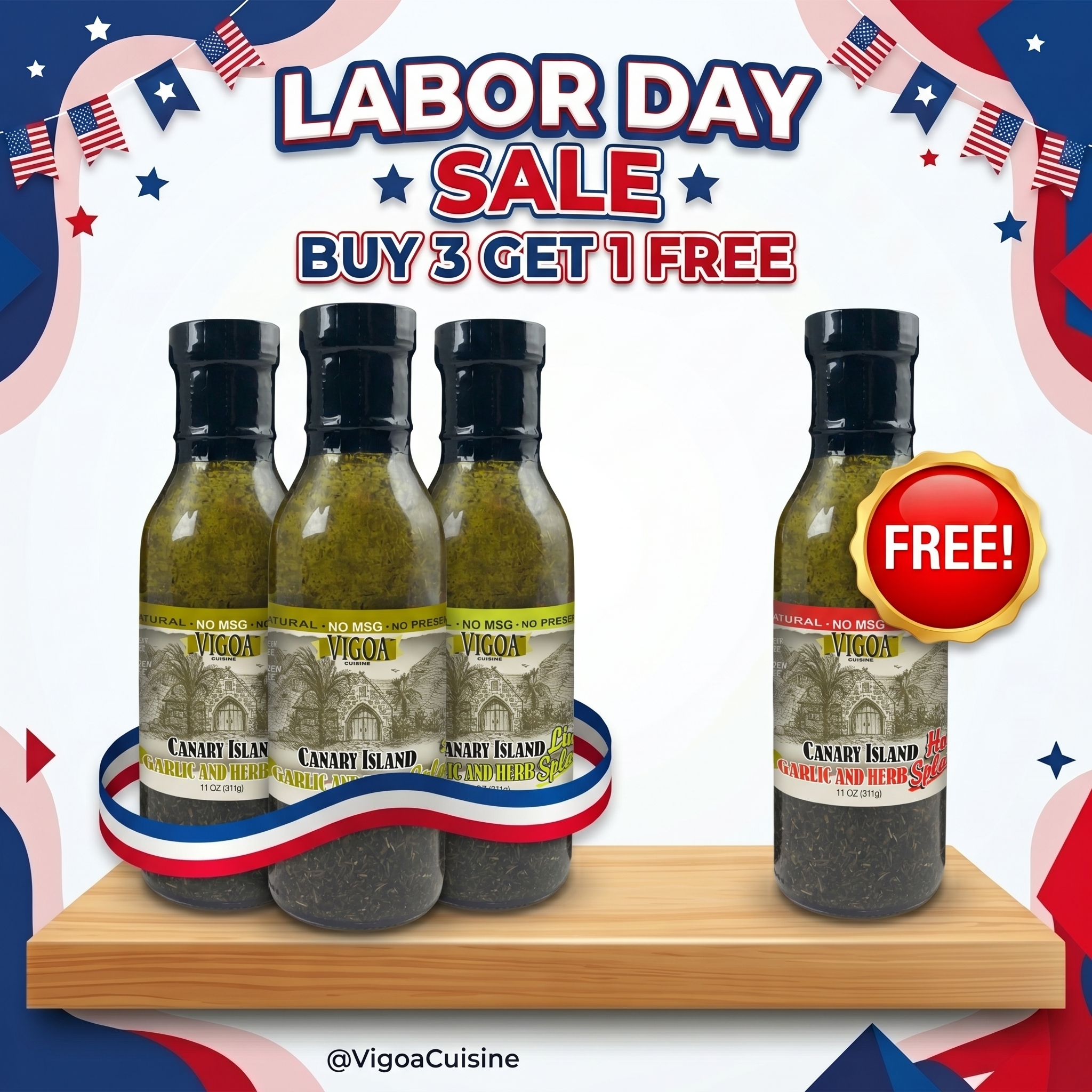 Four bottles of canary island garlic herb olive oil for Labor Day Sale